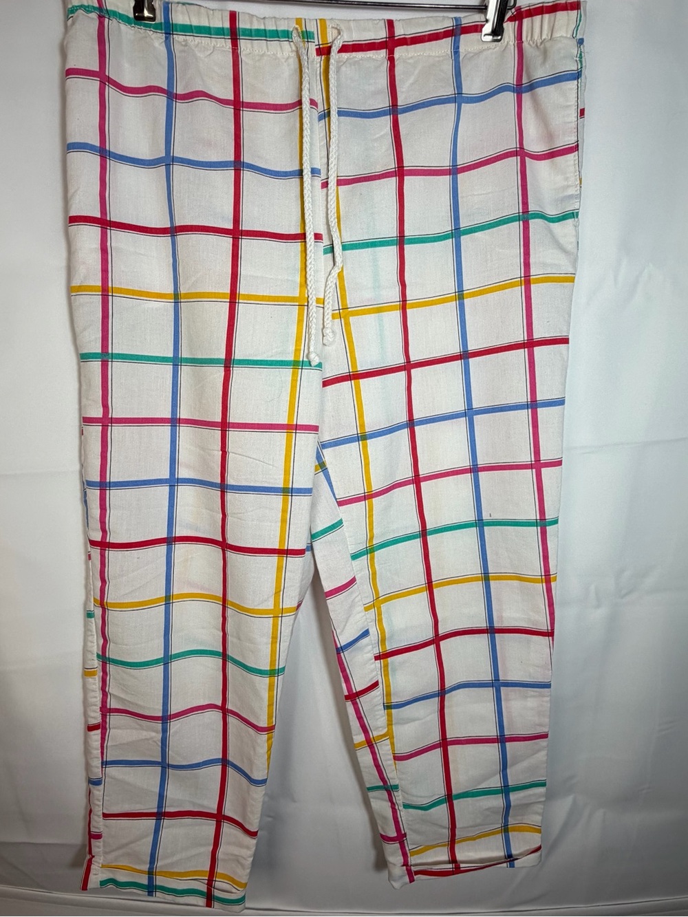 VTG 80s Jibs Multicolor Checkered Drawstring Pants High Waist Plaid Cotton XL